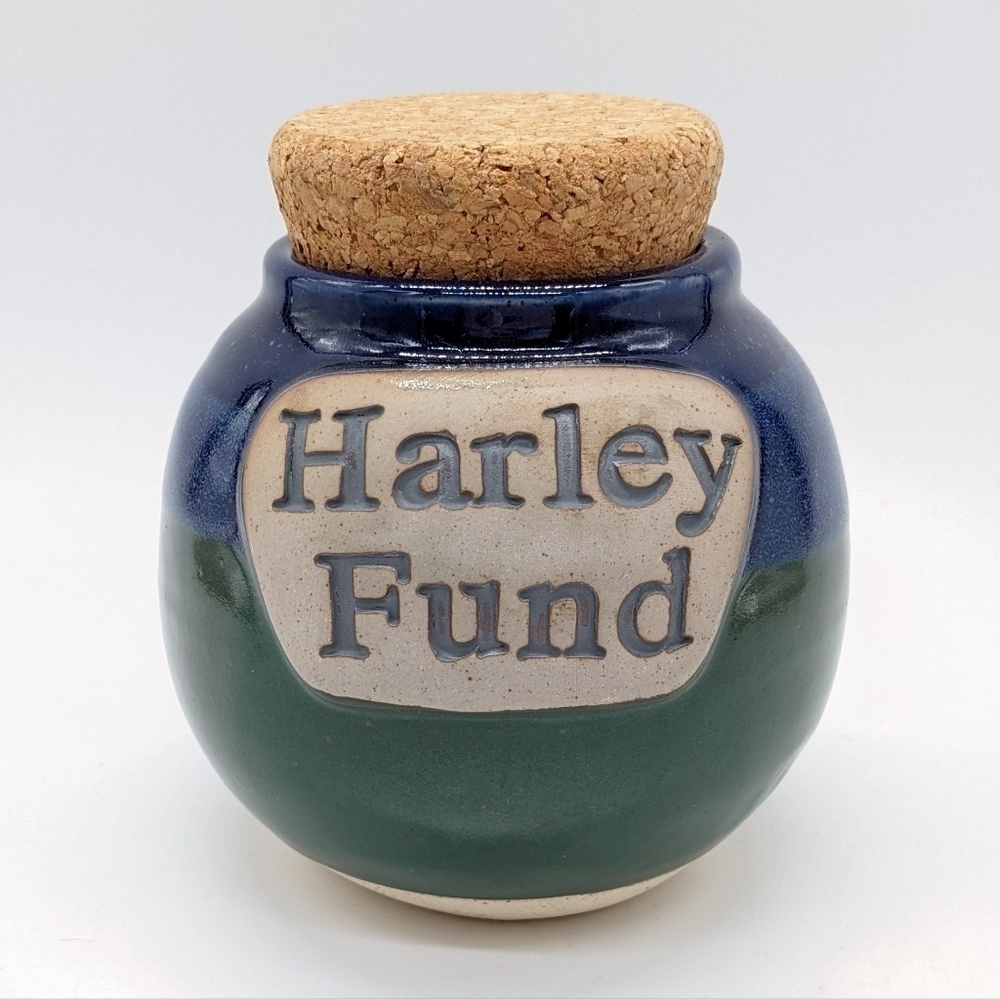 Tumbleweed Pottery blue green ceramic Harley Fund money jar bank